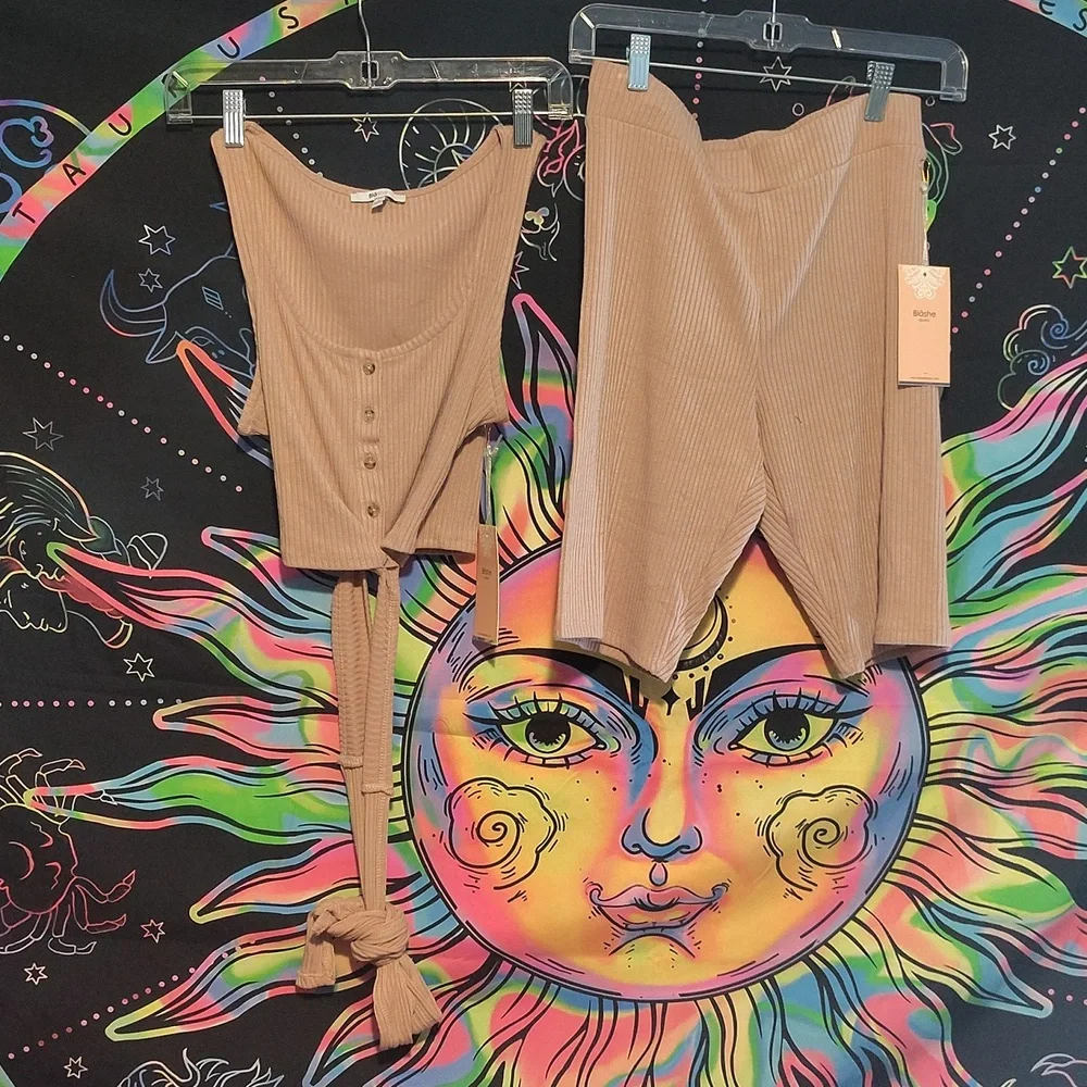 Tan Ribbed Button-Up Two Piece Sets - Picture 2 of 4